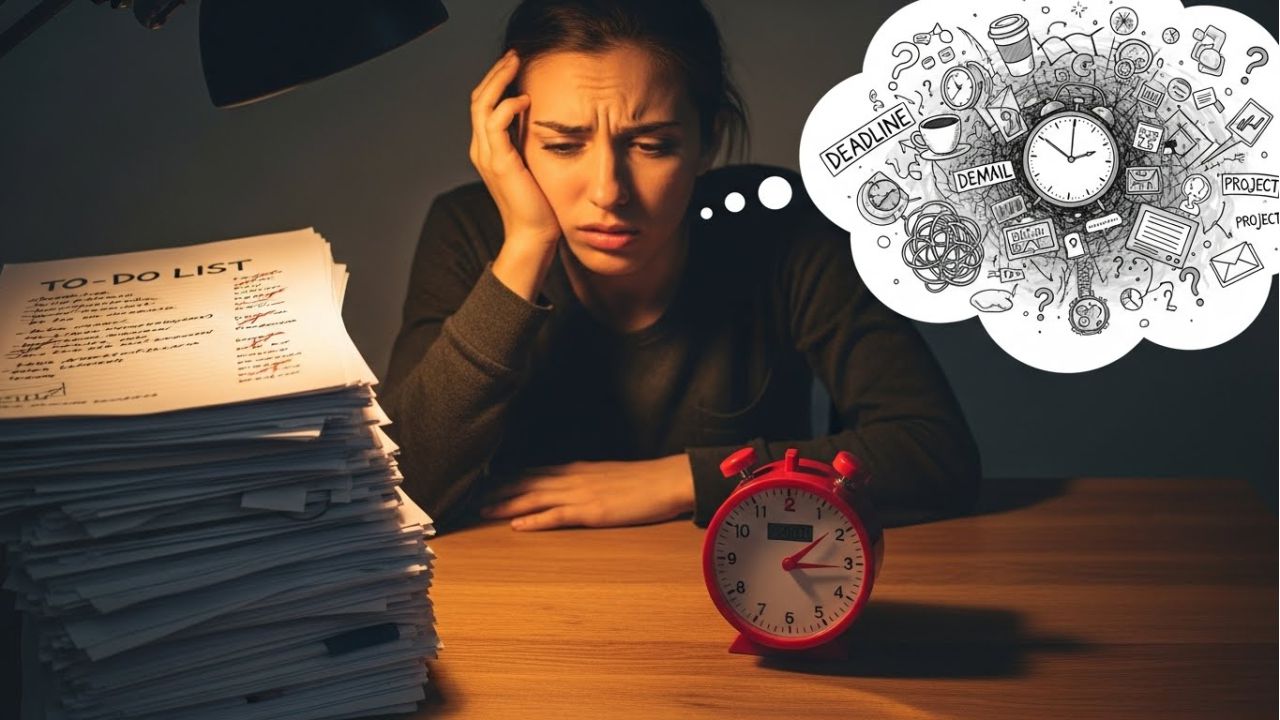 Person overwhelmed with tasks and a Pomodoro timer, showing signs of using the technique incorrectly.