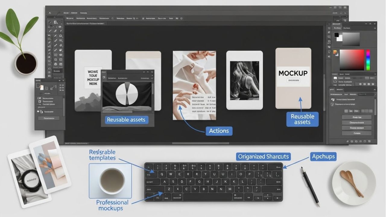 Photoshop workspace demonstrating reusable assets, actions, and shortcuts for efficient mockup workflow.
