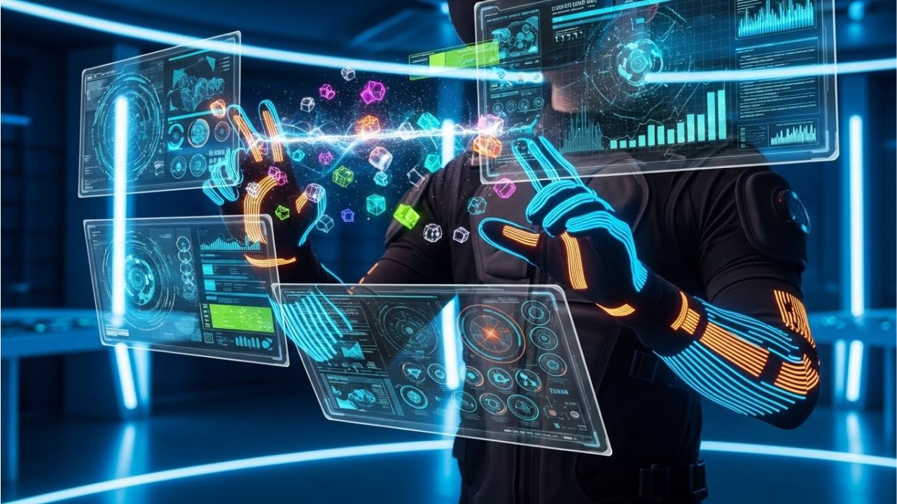 Futuristic haptic gloves and suit providing AI-driven adaptive tactile feedback with holographic digital interfaces.