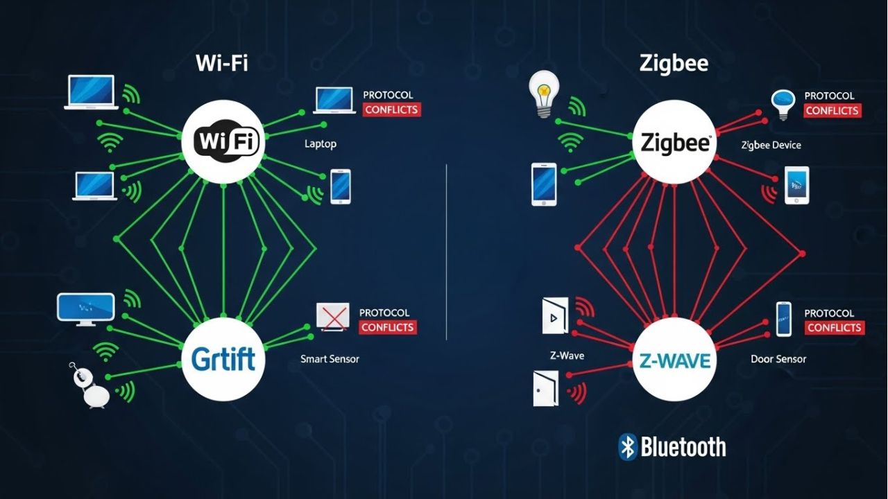 Infographic showing different IoT protocols and how mismatched protocols cause smart home communication problems.