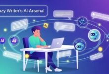 “A relaxed writer using AI prompt templates on a laptop, boosting productivity and creativity.”