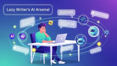 “A relaxed writer using AI prompt templates on a laptop, boosting productivity and creativity.”