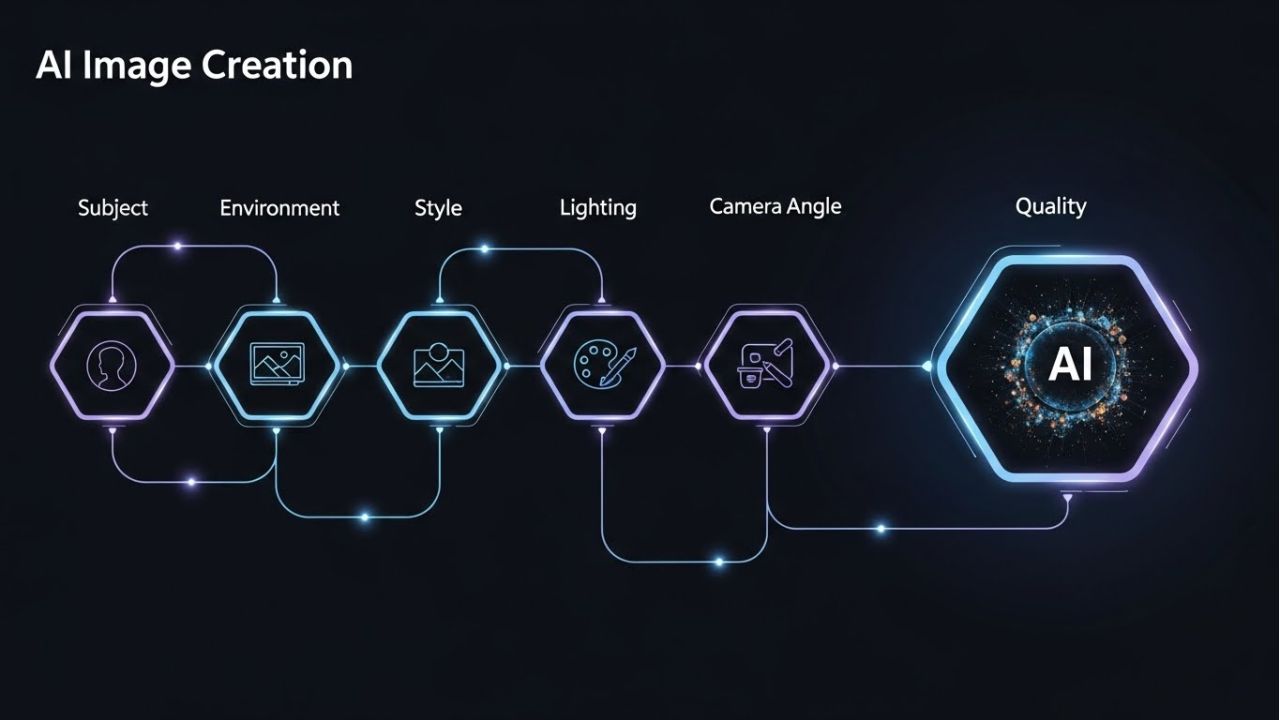 Infographic-style image visualizing the structured MidJourney prompt formula for creating consistent results.
