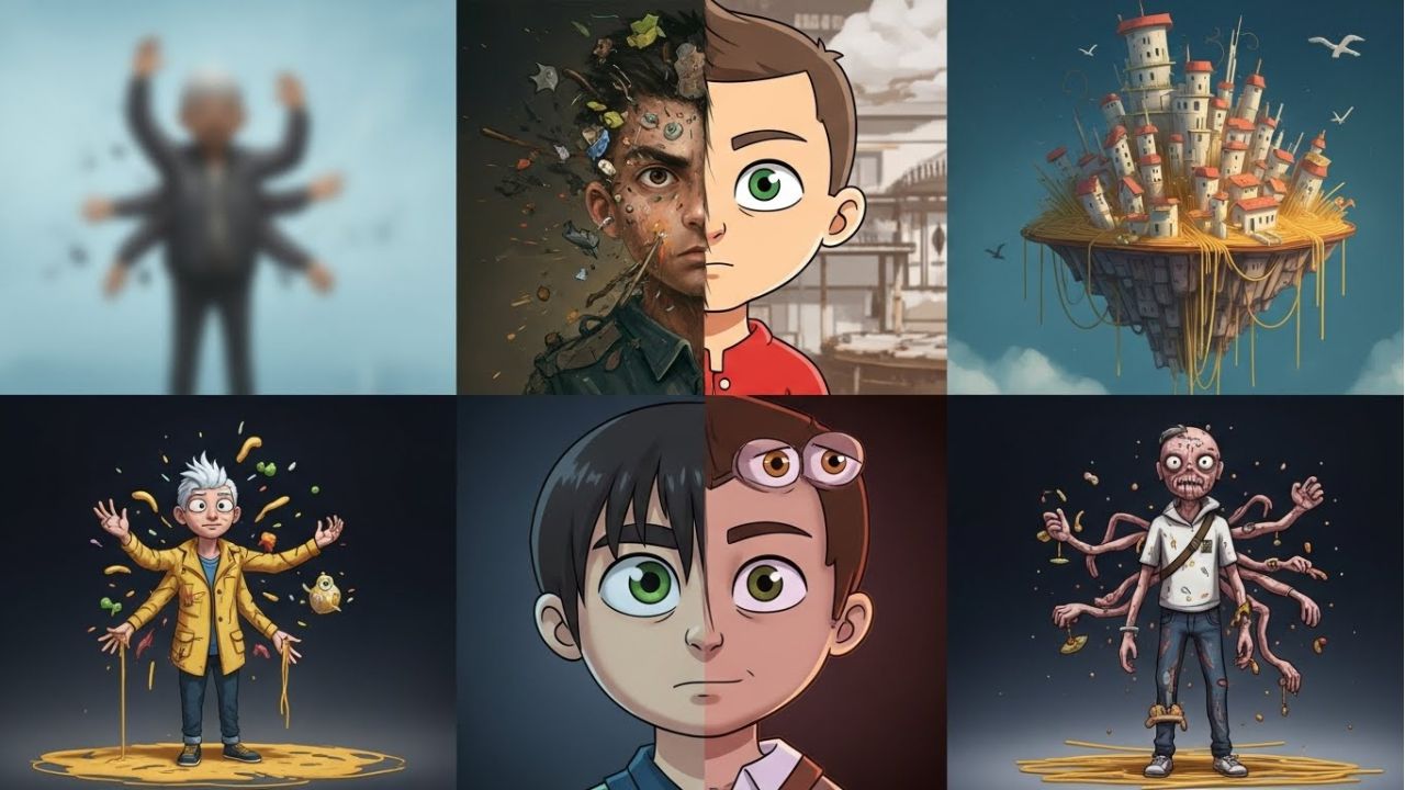 Illustration showing common MidJourney prompt mistakes like vague ideas and conflicting instructions.