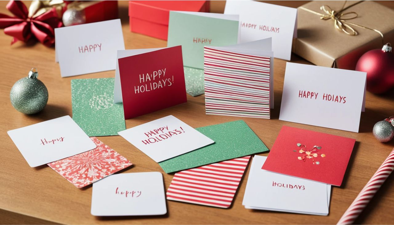 Generic holiday cards with one unique card standing out.