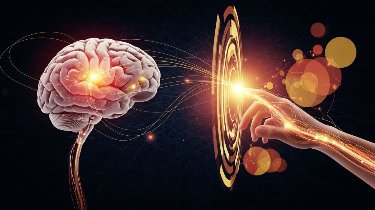 Brain and hand connected by glowing lines illustrating how haptic feedback stimulates sensory perception and emotional response.