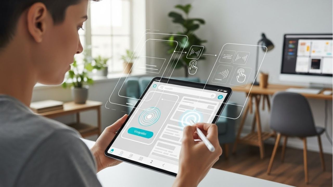 UX designer working on a tablet with haptic feedback visualized on app interface elements.