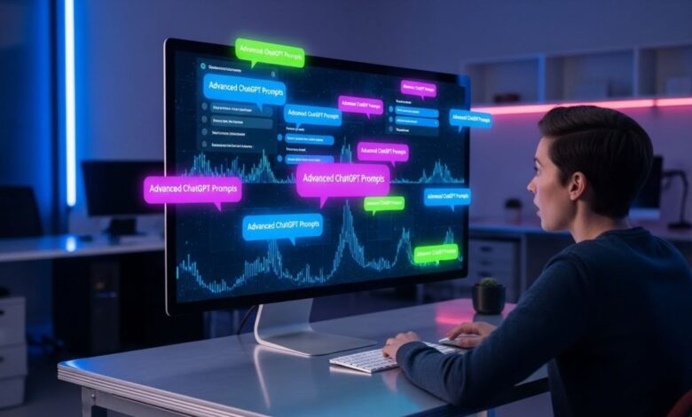 Thumbnail showing a person using ChatGPT with advanced prompts on a futuristic AI interface.