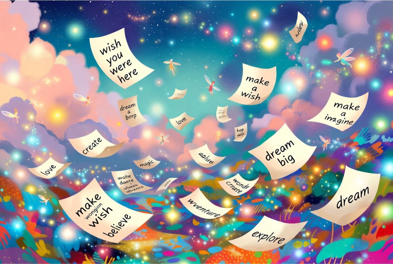 “Whimsical magical landscape with floating handwritten wishes, clouds, stars, sparkles, and creative artistic elements.”