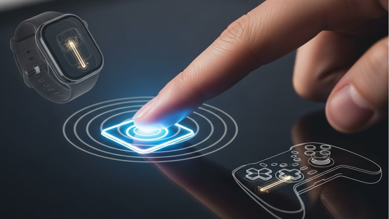 Finger pressing a touchscreen with visual waves showing haptic feedback on smartphones, smartwatches, and gaming controllers.