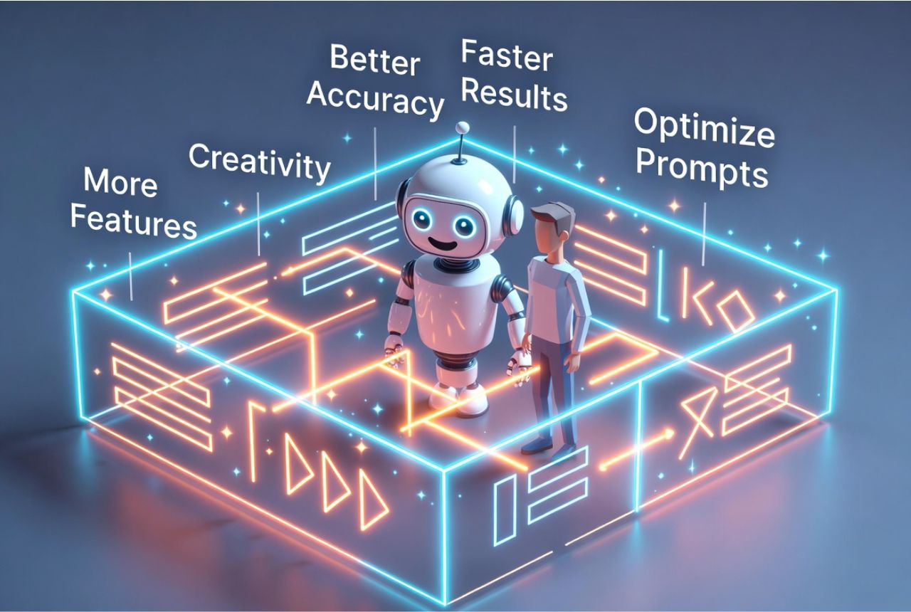 Illustration of a robot guiding a person through AI commands showing benefits of prompt engineering hacks.