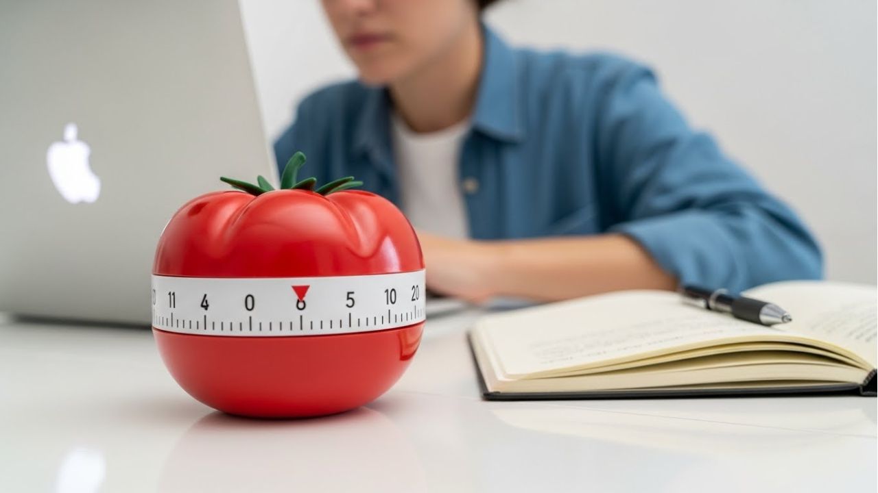 Tomato-shaped Pomodoro timer on desk with notebook and laptop, representing the Pomodoro Technique in action.