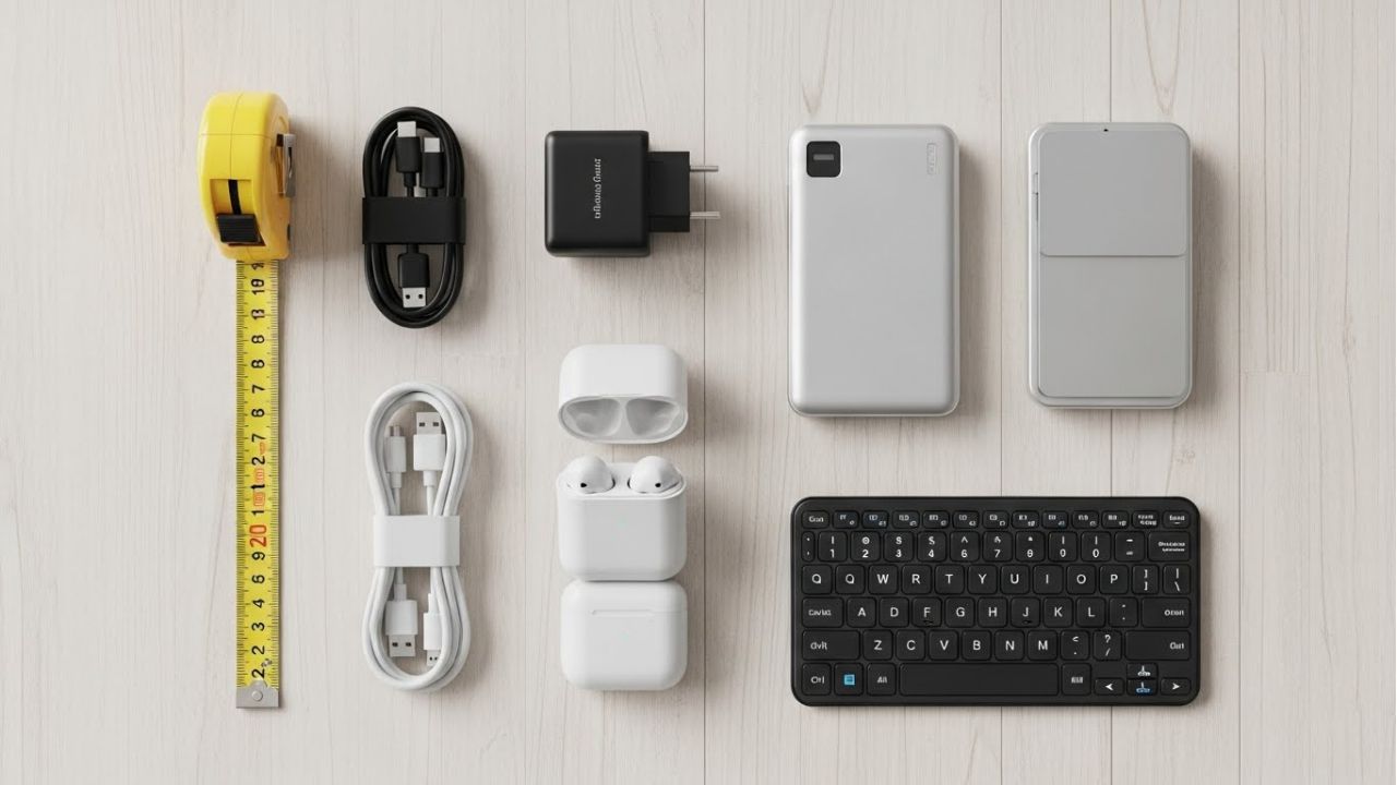 Flat lay of compact travel gadgets highlighting their size, portability, and organization for personal item bags.