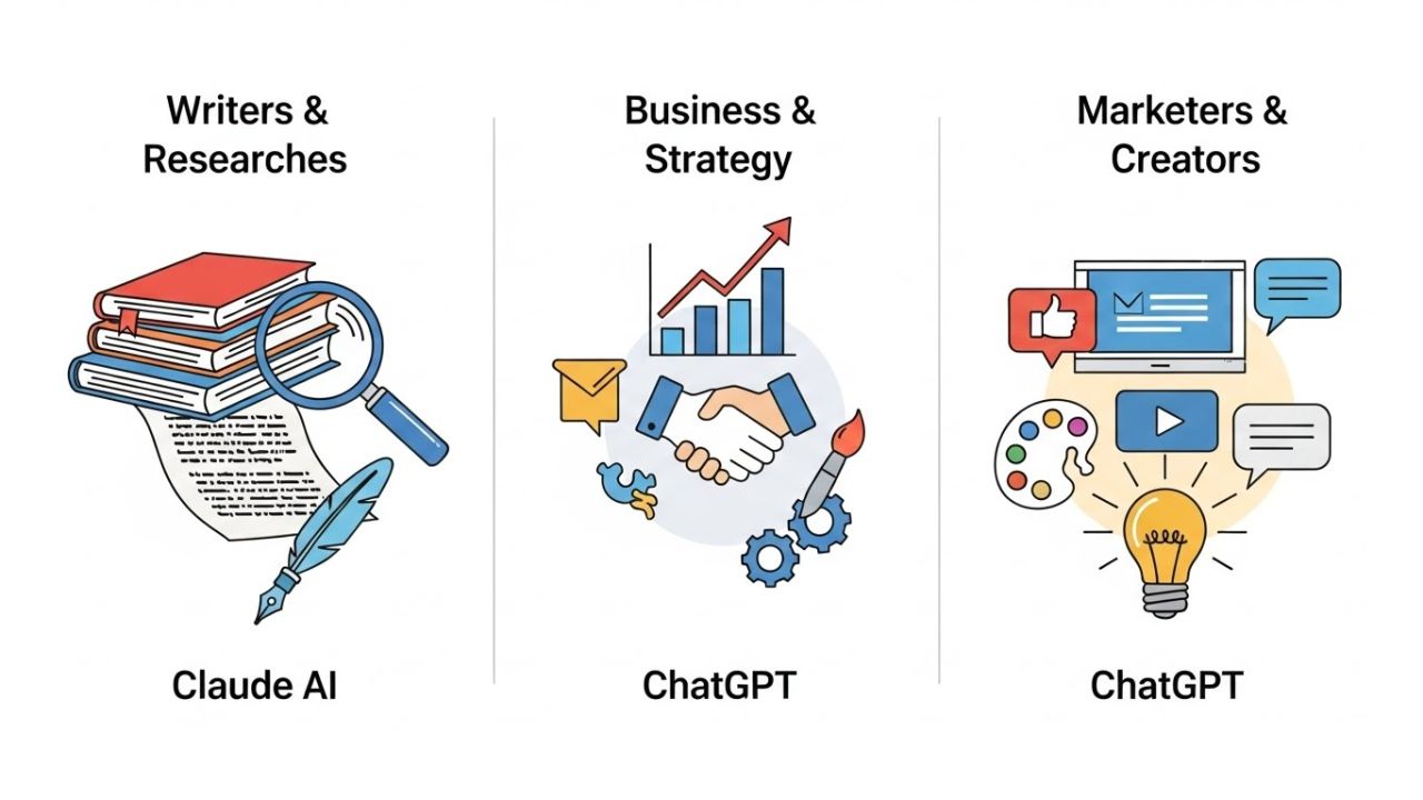 Comparison infographic showing best use cases for Claude AI and ChatGPT AI for writing, marketing, and strategy tasks.