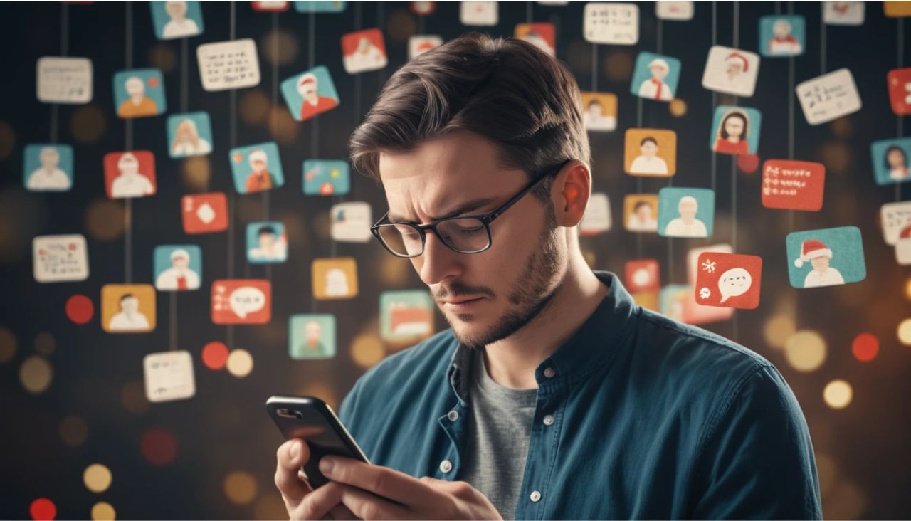 Person overwhelmed by multiple holiday messages, illustrating emotional disconnect.