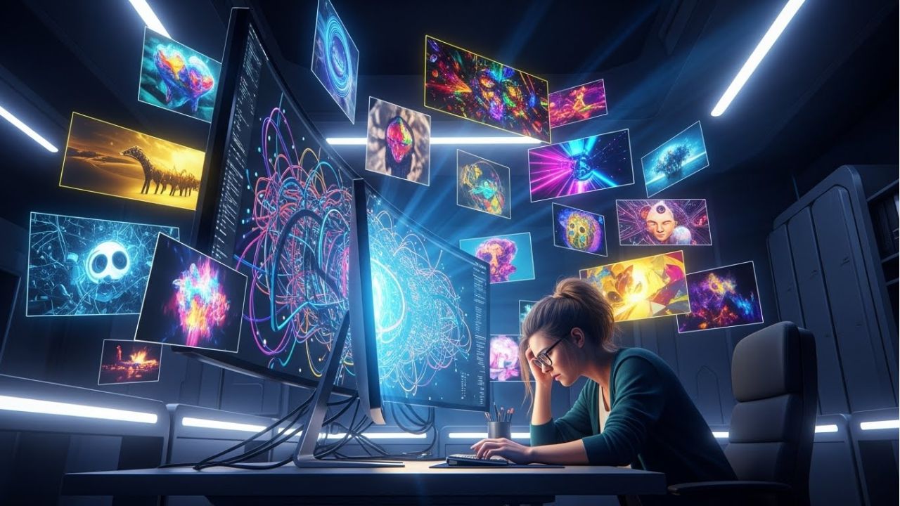 Thumbnail showing a frustrated creator surrounded by chaotic AI images, representing failed MidJourney prompts.