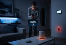 Frustrated homeowner with unresponsive smart devices in a modern living room, showing IoT connectivity problems.