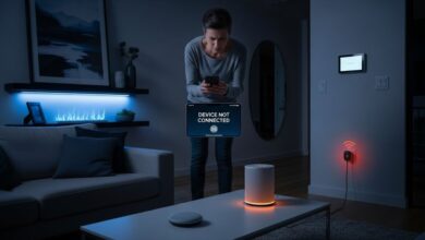 Frustrated homeowner with unresponsive smart devices in a modern living room, showing IoT connectivity problems.