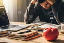 Frustrated person at desk with Pomodoro timer, laptop, and notebooks, symbolizing productivity struggles.