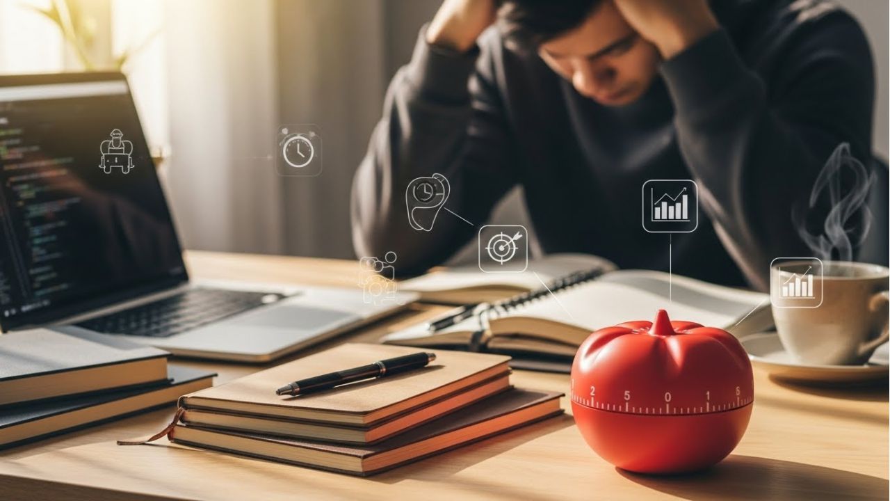 Frustrated person at desk with Pomodoro timer, laptop, and notebooks, symbolizing productivity struggles.