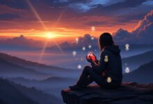 Person reflecting on a cliff at sunset, symbolizing healing through raw spiritual quotes.