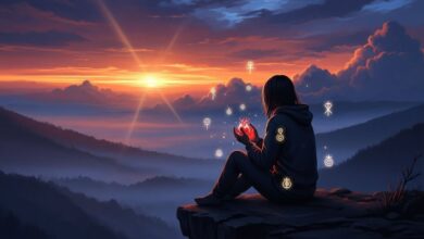 Person reflecting on a cliff at sunset, symbolizing healing through raw spiritual quotes.