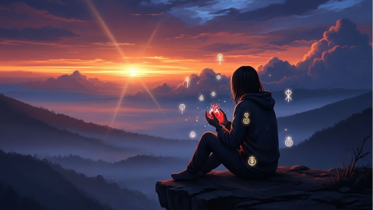Person reflecting on a cliff at sunset, symbolizing healing through raw spiritual quotes.
