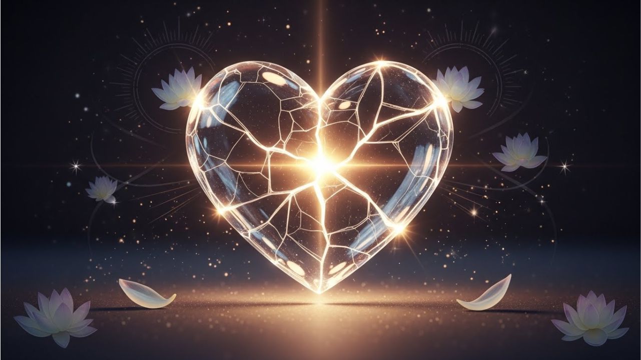 Cracked glass heart glowing from within, symbolizing raw spiritual quotes that hurt but heal.