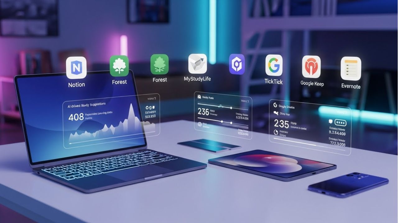 Student workspace with 7 productivity apps for students displayed digitally, showcasing the best study tools of 2026.