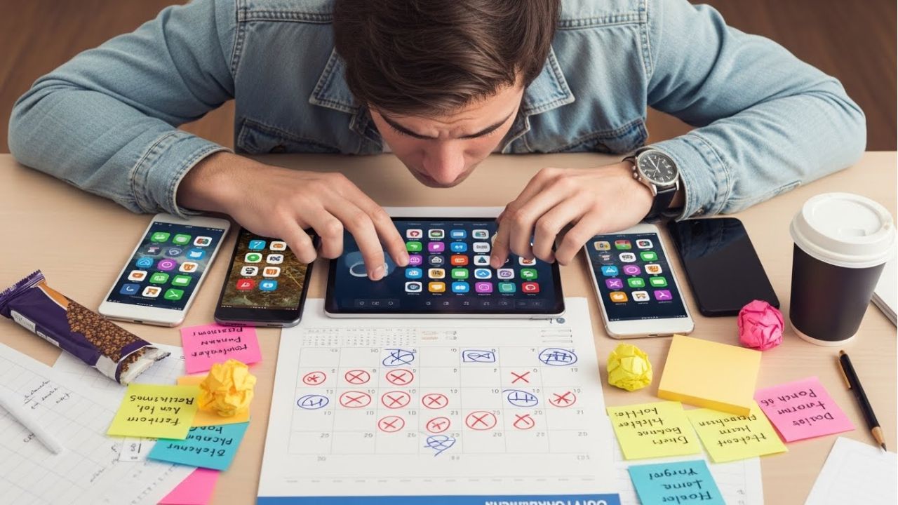 Student overwhelmed by multiple productivity apps, illustrating common mistakes students make with productivity tools.