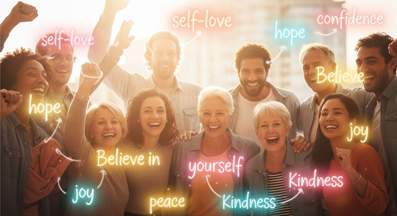 Diverse group of happy people surrounded by glowing empowering self-esteem quotes promoting positivity and self-love.