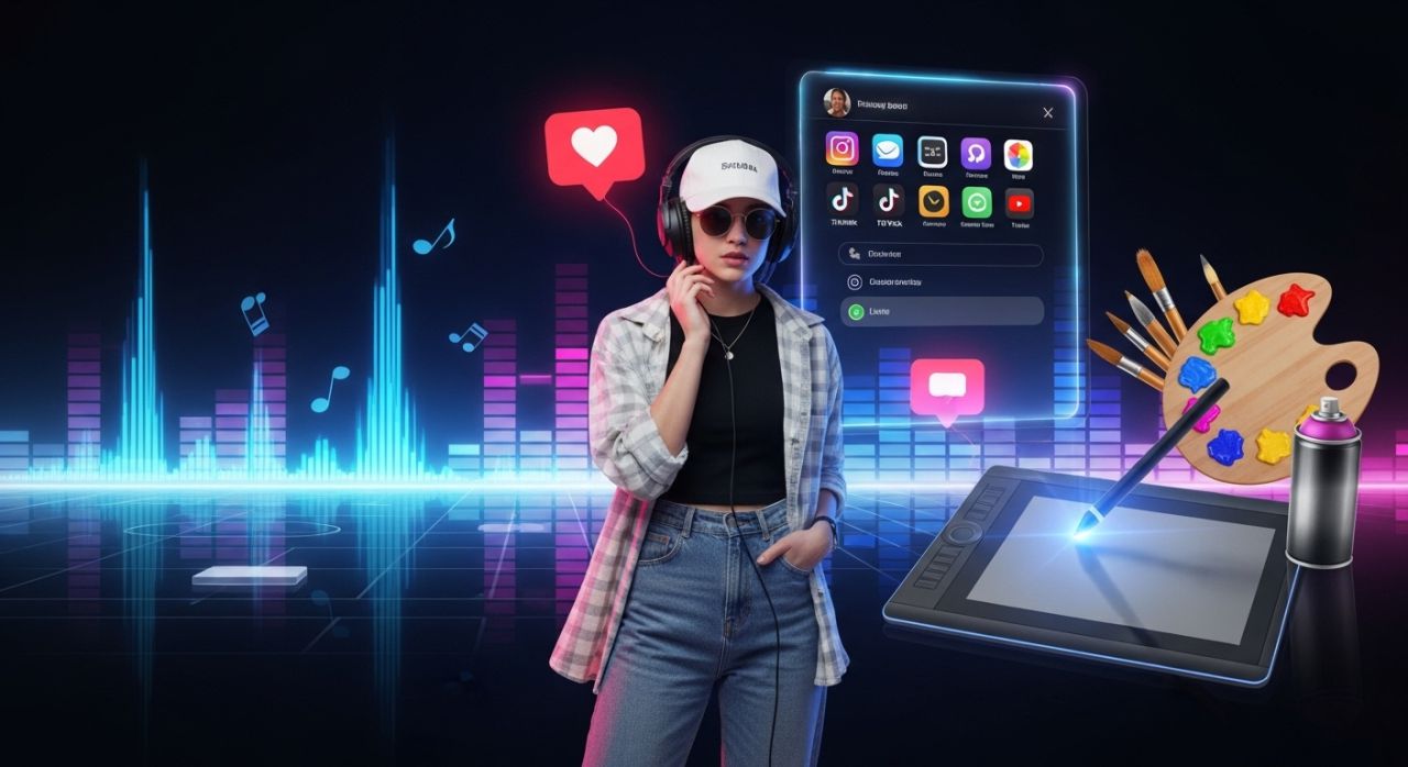 Confident Gen Z individual expressing creativity and authenticity through art, fashion, and digital content.