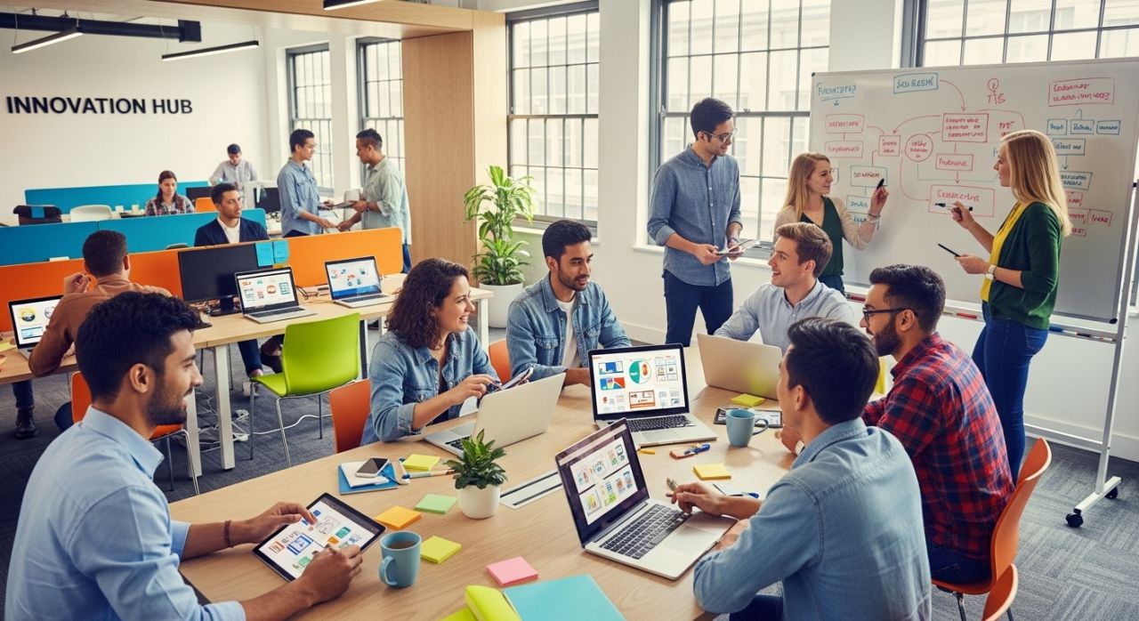 Gen Z employees collaborating and innovating in a modern workplace, showcasing teamwork and creativity.