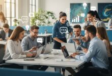 Gen Z employees collaborating in a modern office, representing teamwork, innovation, and tech-savvy workforce.