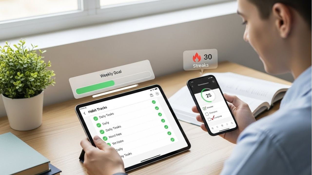 Student using productivity apps for students with timers, checklists, and habit trackers, demonstrating how to beat procrastination.
