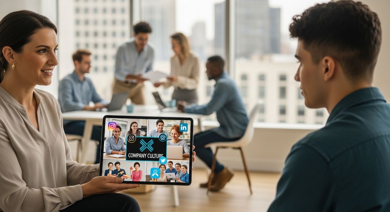 Employer presenting company culture digitally to attract Gen Z talent, highlighting modern recruitment strategies.