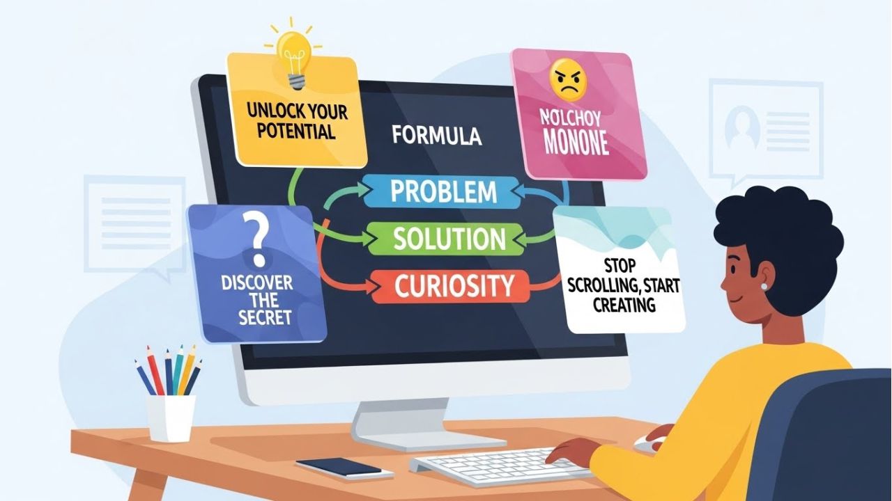 "Content creator crafting social media hooks using the problem-solution-curiosity formula."