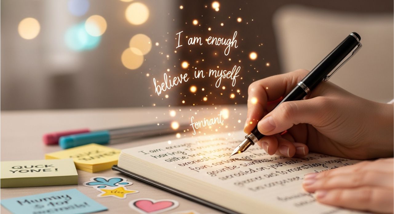 Hand writing self-esteem affirmations in a journal with glowing inspirational quotes floating above the page.