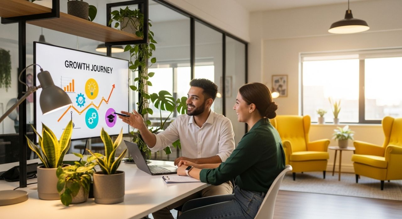 Manager providing feedback and growth opportunities to Gen Z employee, symbolizing retention strategies.