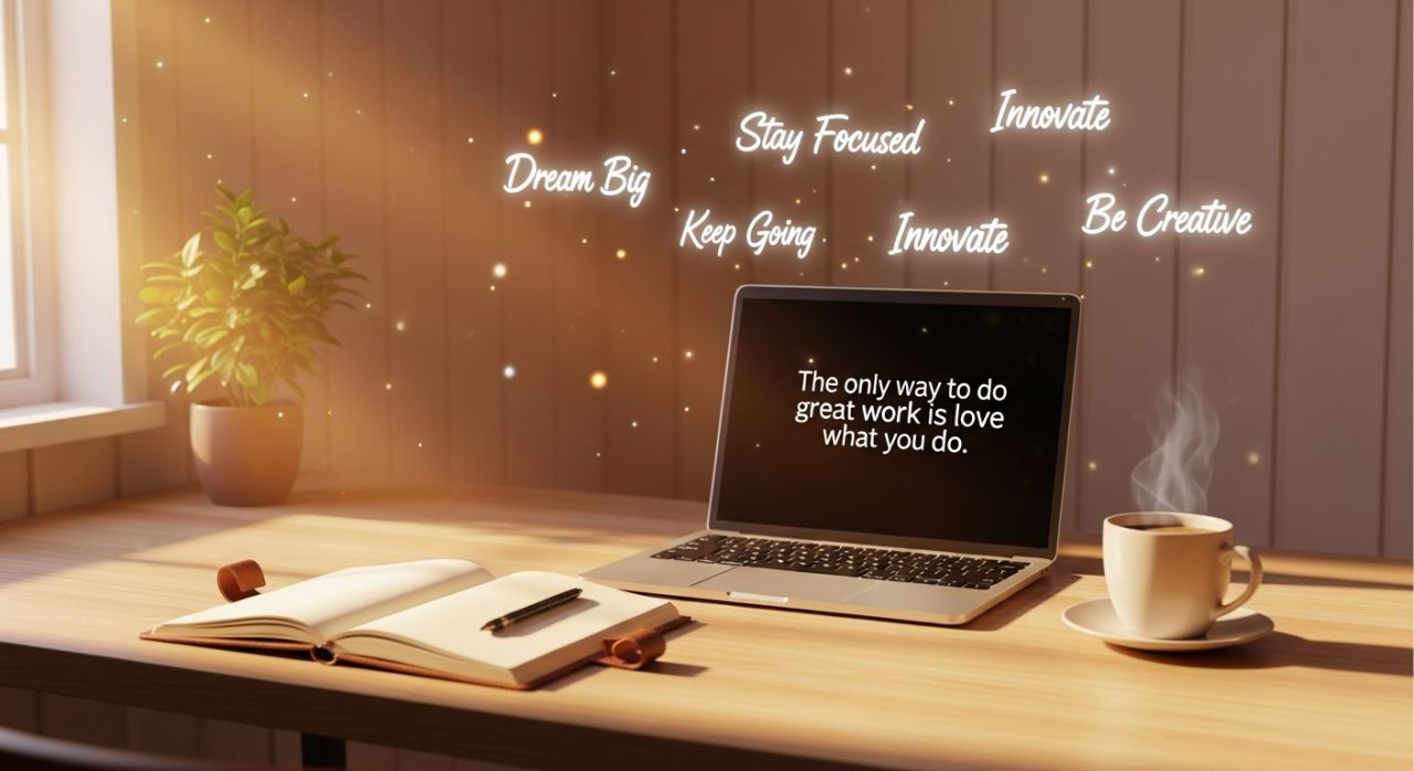 Workspace with a journal, coffee, and laptop displaying motivational self-esteem quotes for daily inspiration.