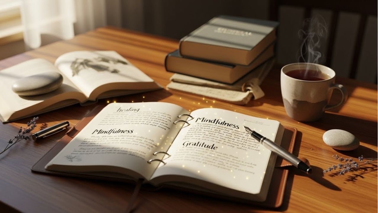 Open journal with handwritten spiritual quotes, symbolizing reflection and emotional healing.