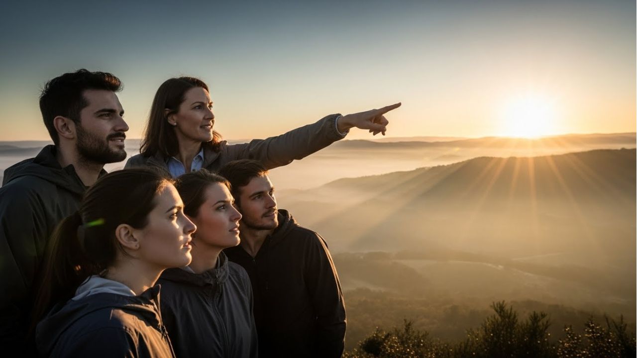 A mentor guiding a team toward a vision, illustrating impactful leadership through inspiration.