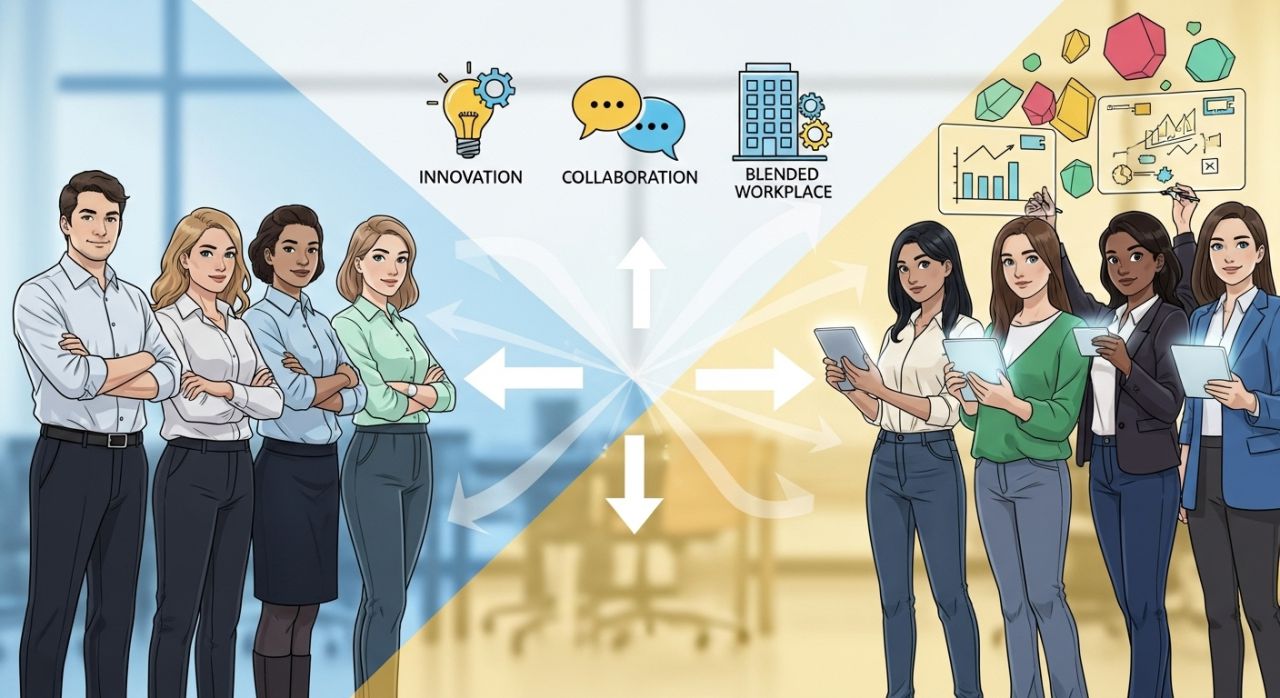 Millennials and Gen Z working together, showing Gen Z reshaping workplace rules, not replacing Millennials.