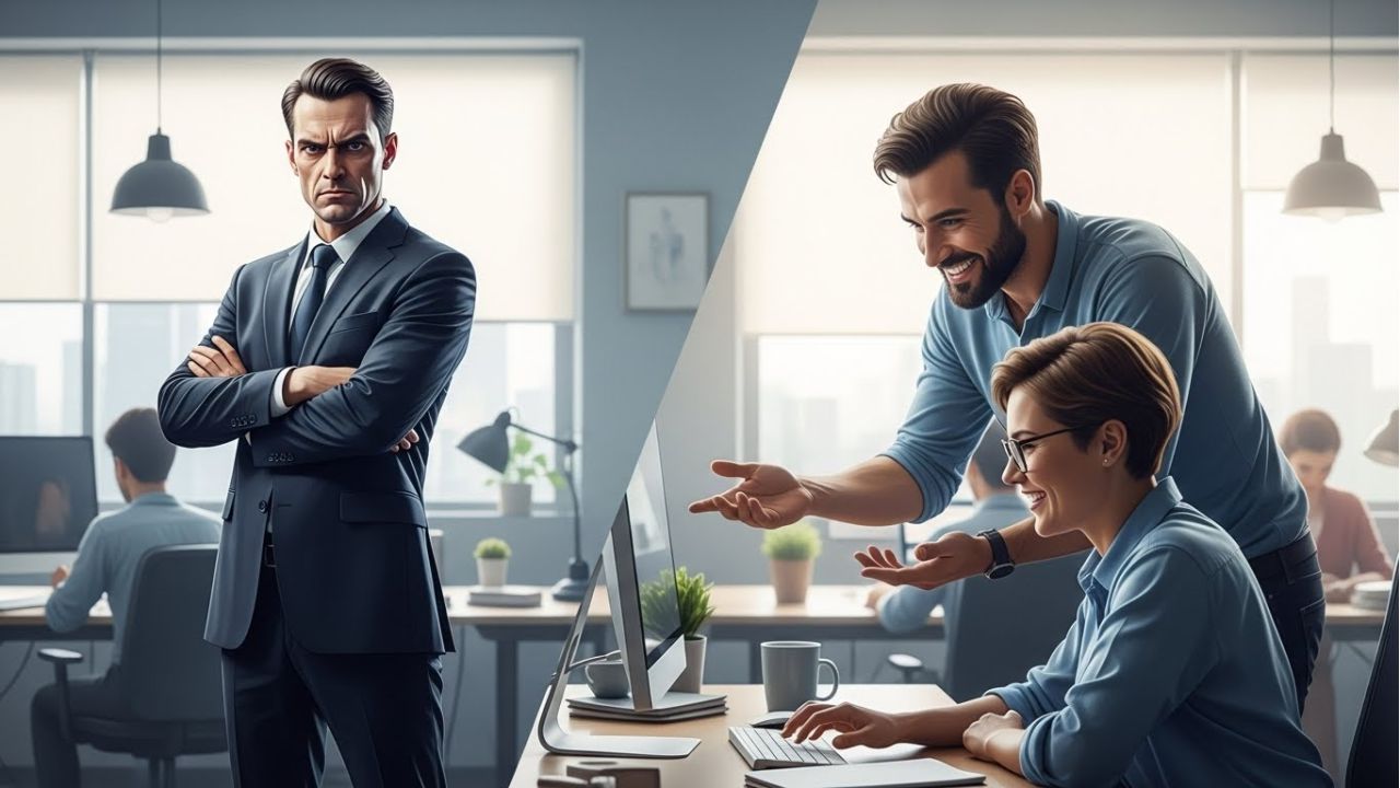 Comparison of a controlling boss and a collaborative leader, highlighting real leadership vs authority.