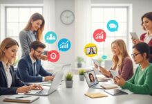 Millennials and Gen Z collaborating in a modern office, showing differences in work style and communication.