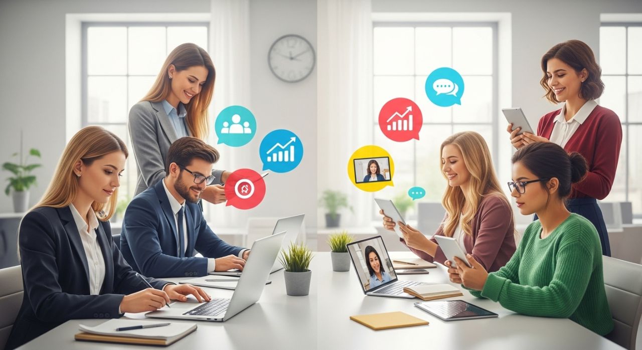 Millennials and Gen Z collaborating in a modern office, showing differences in work style and communication.