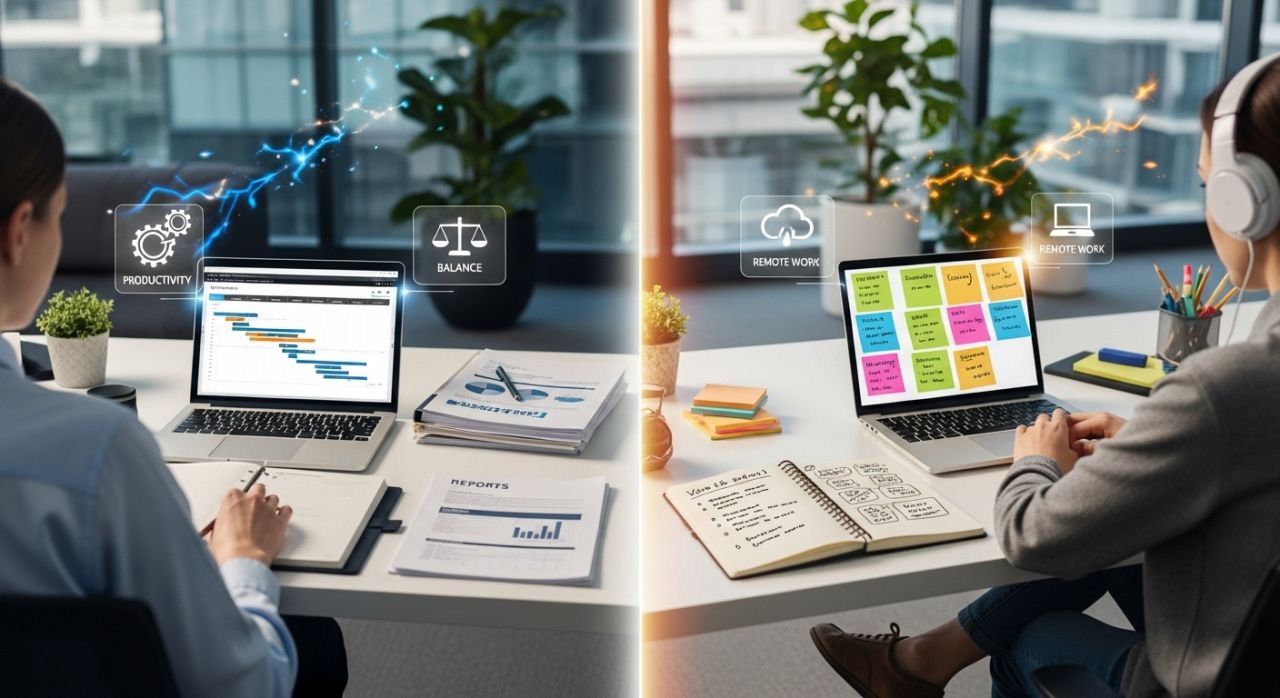 Millennials and Gen Z showing different work styles, highlighting productivity, flexibility, and purpose.