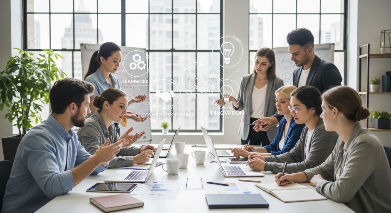 Millennials and Gen Z collaborating in the workplace, showing conflict and growth opportunities.