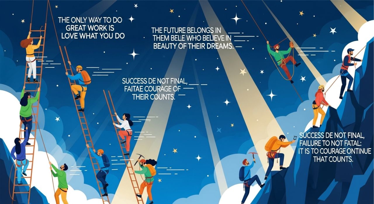 People climbing mountains with motivational self-esteem quotes floating around, symbolizing growth and success.