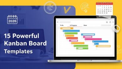 Digital kanban board with colorful columns and task cards illustrating 15 powerful kanban board templates for organizing workflow in 2026.